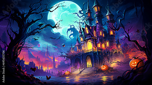 Halloween background with haunted castle, bats and pumpkins - illustration. selective focus.  © Slava