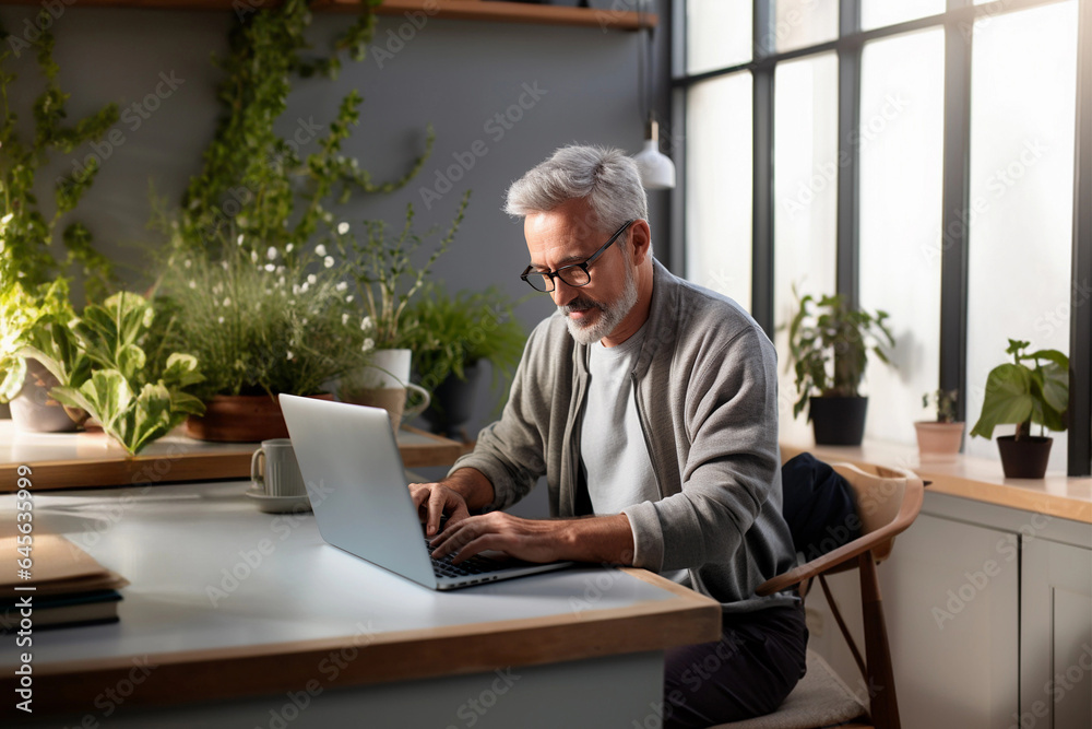 Portrait of senior man with grey hair working on laptop. Portrait of senior man with grey hair working on laptop.
