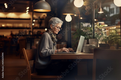 Portrait of senior woman with grey hair working on laptop in cafe