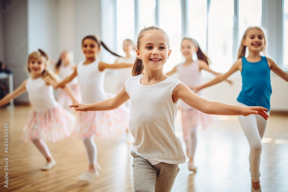 Group of children dancing in classroom. Generate Ai Group of children dancing in classroom. Generate Ai
