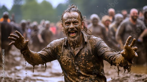 Mud race, funny dirt party, man is super happy, playground for men, open air in the mud, generative ai