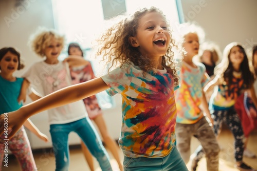 Group of funny children dancing. Generate Ai photo