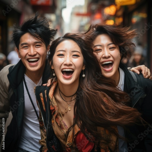 Cheerful young friends embracing, sharing love and happiness indoors, smiling at camera.