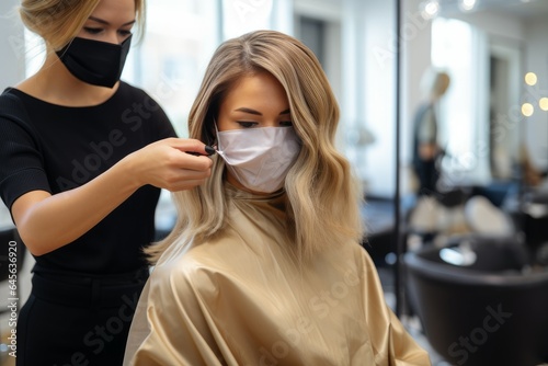 Hairdresser putting mask on woman face. Generate Ai