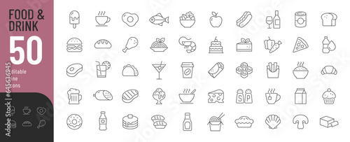 Food and Drink Line Editable Icons set. Vector illustration of gastronomic related icons: meat, fast food, main dishes, pastries, desserts, Asian cuisine, and drinks. Isolated on white