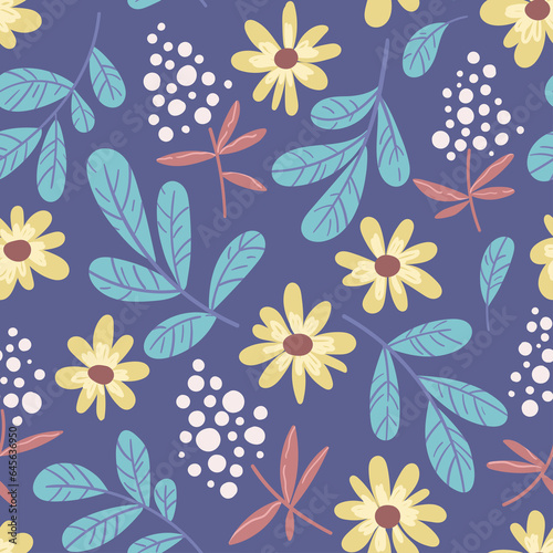 Seamless pattern with flowers and leaves.  Good for textiles, fabrics, wallpaper. Flat design, vector illustration