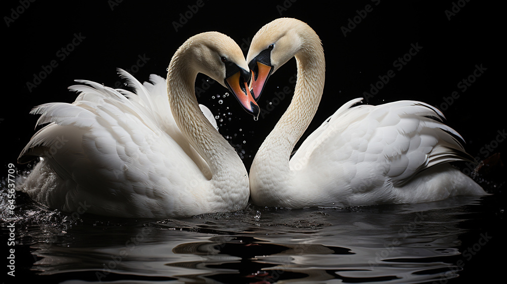 Fototapeta premium Two White Swans Swimming on the Water Together. Their Necks Form a Heart