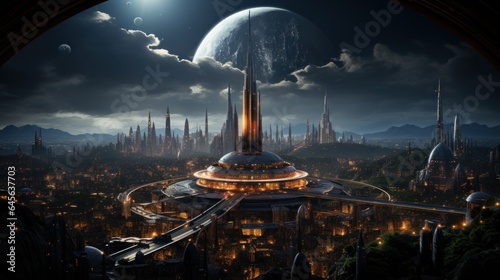 A cosmic portrait of a futuristic city with a colossal red laser eye. 