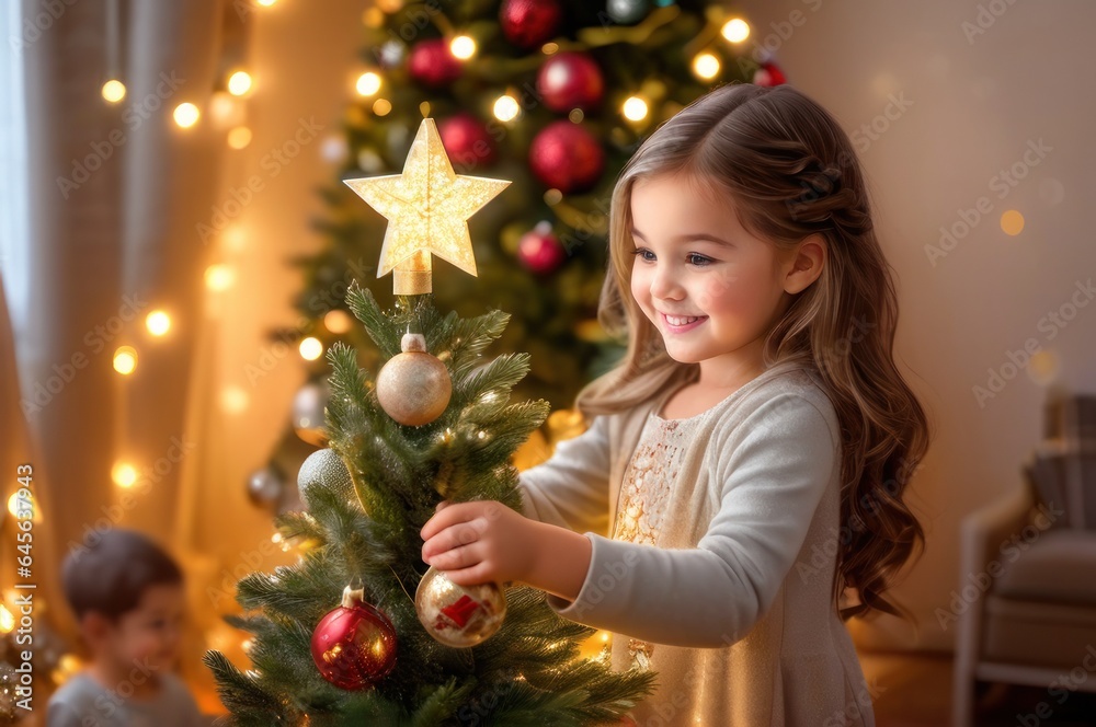 cheerful smiling adorable caucasian girl decorating Christmas tree with happy, putting toys on branches, enjoying preparing for New Year celebration at home, miracle time concept