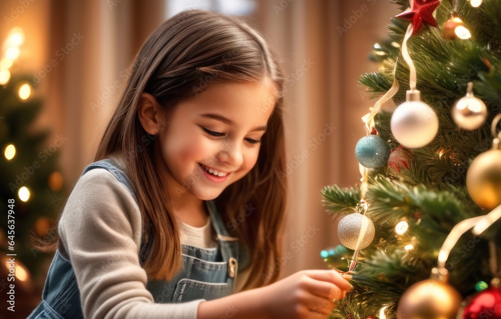 cheerful smiling adorable caucasian female decorating Christmas tree with happy, girl putting toys on branches, enjoying preparing for New Year celebration at home, miracle time concept cheerful smiling adorable caucasian female decorating Christmas tree with happy, girl putting toys on branches, enjoying preparing for New Year celebration at home, miracle time concept