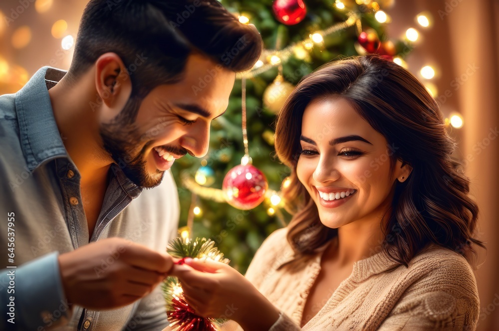 cheerful smiling adorable hispanic woman decorating Christmas tree with happy Husband, putting toys on branches, enjoying preparing for New Year celebration at home, miracle time concept cheerful smiling adorable hispanic woman decorating Christmas tree with happy Husband, putting toys on branches, enjoying preparing for New Year celebration at home, miracle time concept