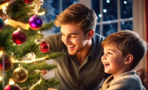 cheerful overjoyed adorable caucasian handsome male decorating Christmas tree with happy son  putting toys on branches  enjoying preparing New Year celebration at home  miracle time concept