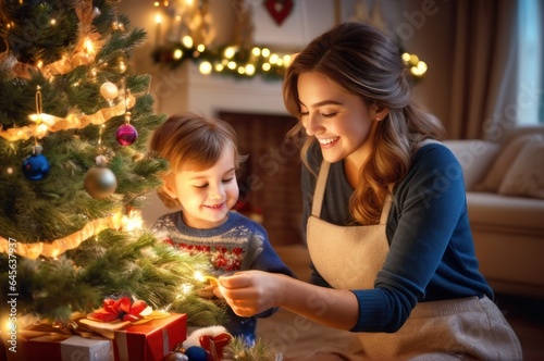 cheerful smiling adorable caucasian girl decorating Christmas tree with happy mother, putting toys on branches, enjoying preparing New Year celebration at home, miracle time concept