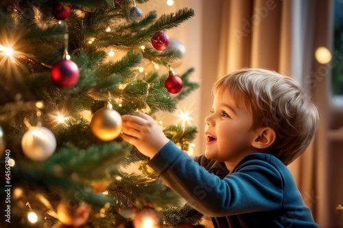 cheerful overjoyed adorable caucasian child boy decorating Christmas tree, putting toys on branches, enjoying preparing New Year celebration at home, miracle time concept