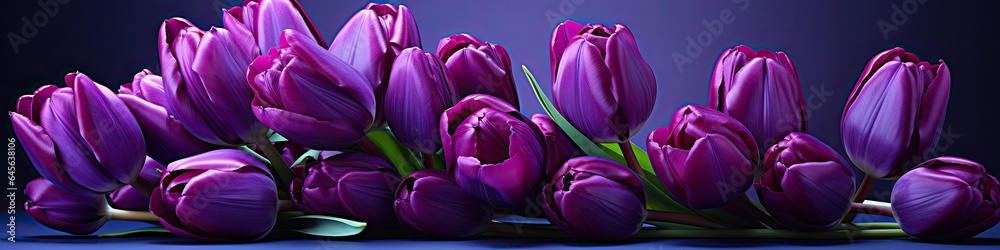 Naklejka premium tulips on purple background, copy space