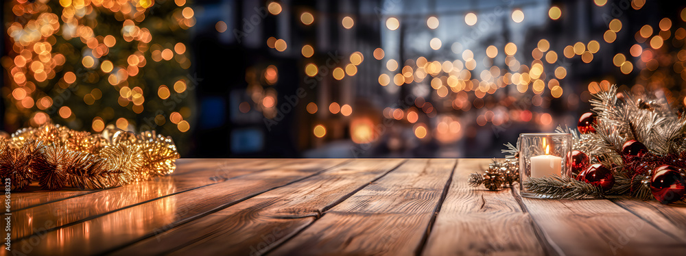 Empty wooden table with Christmas decorations. Bokeh background of out of focus Christmas lights and a Christmas tree. Space for product or text presentation. Web banner or Christmas background.