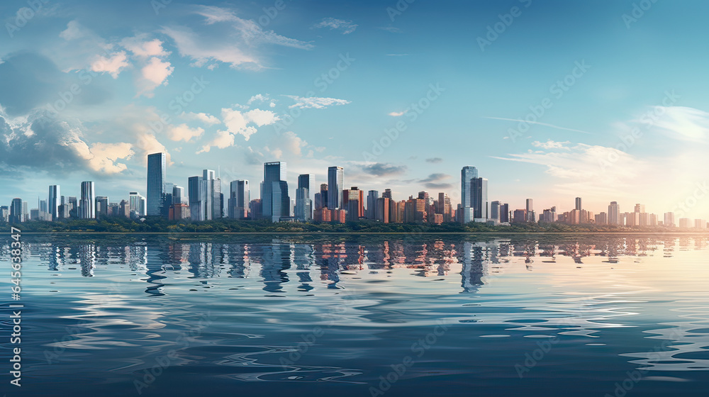 A cityscape reflecting on a tranquil water surface. AI generative A cityscape reflecting on a tranquil water surface. AI generative