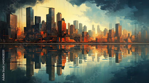 A cityscape reflecting on a tranquil water surface. AI generative
