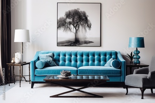 The interior of a modern living room with a dark blue sofa   Modern cosy living room and blue wall texture background interior design   3D rendering   Generative AI