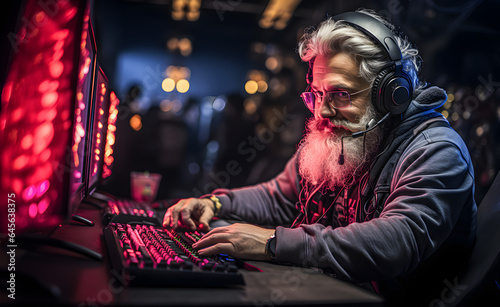 Santa Claus playing video games with computer and keyboard with lights and headphones with microphone to play online. Funny modern and gamer Santa Claus. Christmas, Black Friday and Cyber Monday gifts