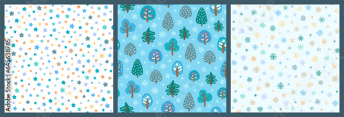 Christmas scandinavian seamless pattern collection frosty winter theme. Simple repeat designs tile for christmas wrapping paper, textile print, fabric, wallpaper. Cold muted bright colors winter bg.