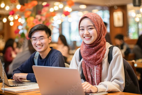 racial diversity, business, businessman, agreement, cooperation, office, greeting, meeting, muslim, teamwork. at coworking space on the table has laptop and in front of worker, racial diversity. © Day Of Victory Stu.