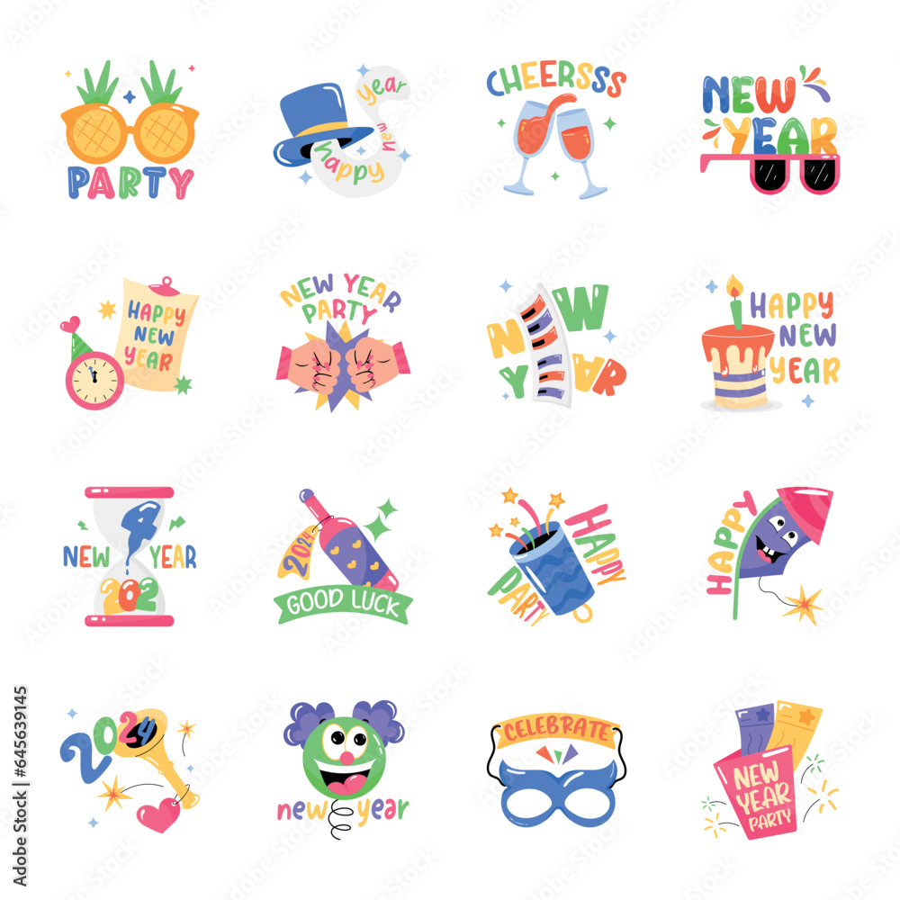 Modern Set of New Year Celebrations Flat Stickers 

