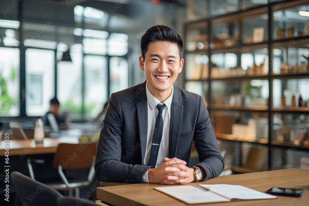 portrait, business, businessman, office, opportunity, business person, confidence, leadership, smile, elegance. portrait image is close up businessman at co-working space. behind have customer. portrait, business, businessman, office, opportunity, business person, confidence, leadership, smile, elegance. portrait image is close up businessman at co-working space. behind have customer.
