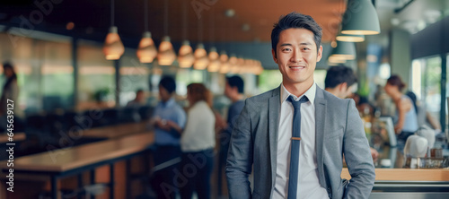 portrait, business, businessman, office, opportunity, co-worker, working space, leadership, smile, elegance. portrait image is close up businessman at co-working space. behind have customer order.