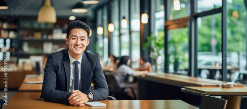 portrait, business, businessman, office, opportunity, business person, confidence, leadership, smile, elegance. portrait image is close up businessman at co-working space. behind have customer.