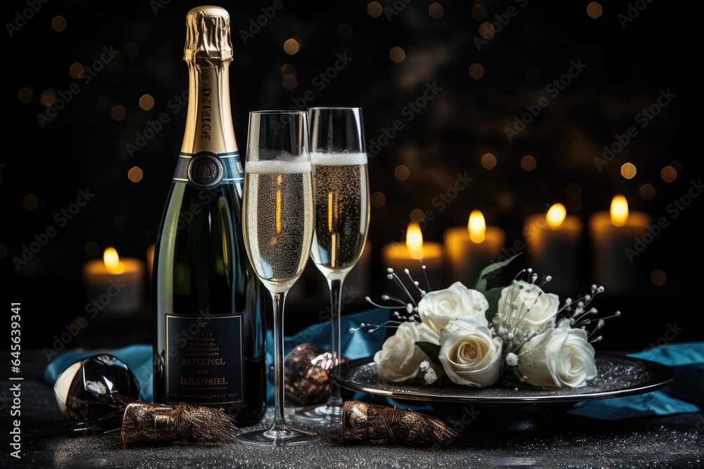 celebration, christmas, bubble, drink, gold, luxury, wine, alcohol, champagne, event. anniversary party is coming celebrate. luxury champagne put on night dinner with candle and bunch of flowers.