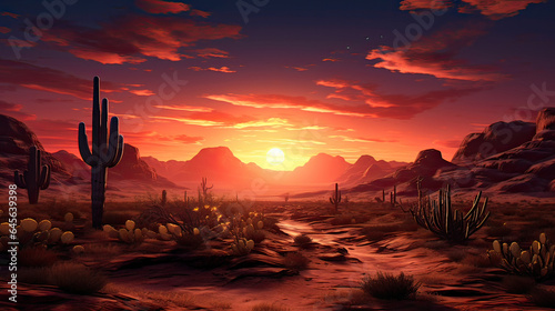 A desert scene with a lone cactus under a radiant sunset. AI generative 
