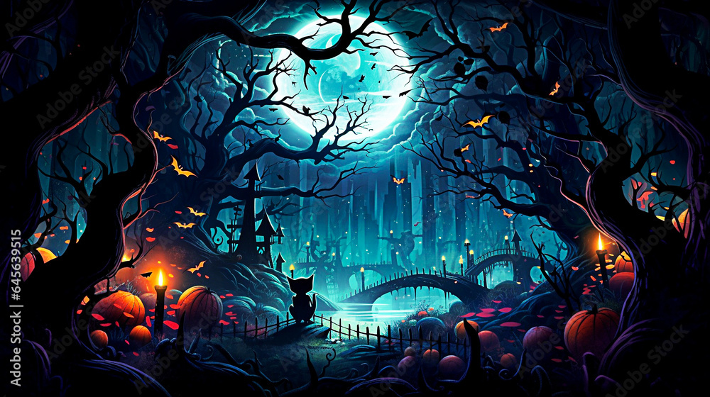 Halloween background with full moon, pumpkins and witch in the forest. selective focus. 