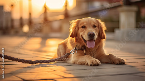 A golden retriever waiting patiently with a leash in its mouth. AI generative