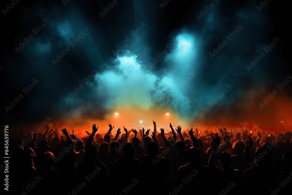 celebration, concert, party, stage, club, event, night, festival, nightclub, show. night club on the stage has smoke and fire, now for concert festival. party attendees everyone put your hands up.