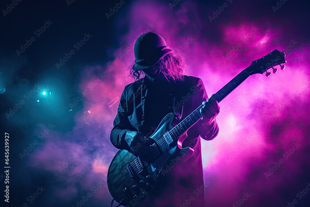 celebration, concert, party, stage, club, event, night, festival, nightclub, show. night club on the stage has smoke and light, now for concert festival. then close up to guitar now solo it.