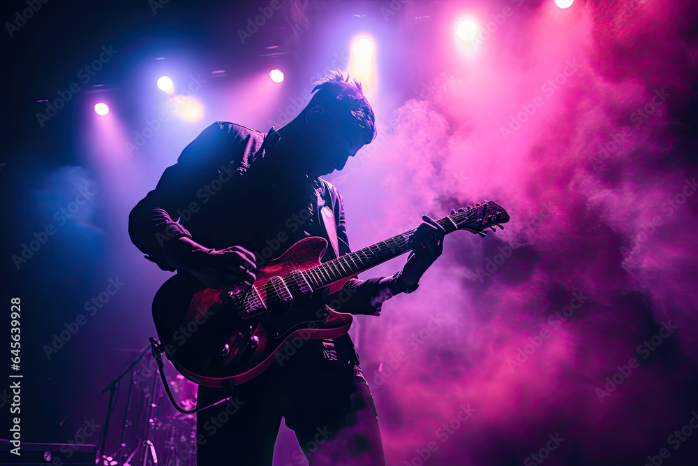 celebration, concert, party, stage, club, event, night, festival, nightclub, show. night club on the stage has smoke and light, now for concert festival. then close up to guitar now solo it. - obrazy, fototapety, plakaty 