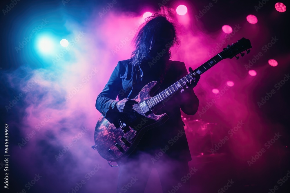 Obraz premium celebration, concert, party, stage, club, event, night, festival, nightclub, show. night club on the stage has smoke and light, now for concert festival. then close up to guitar now solo it.