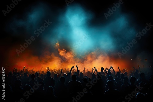 celebration  concert  party  stage  club  event  night  festival  nightclub  show. night club on the stage has smoke and fire  now for concert festival. party attendees everyone put your hands up.