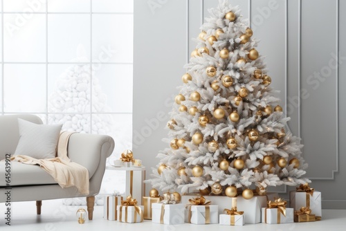 christmas  decoration  design  gift  sofa  festive  light  merry  xmas  christmas decoration. christmas party is coming to celebrate. luxury decoration  pine tree and gift box put at corner room.