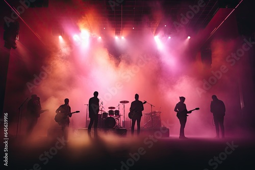 celebration, concert, party, stage, club, event, night, festival, nightclub, show. in night club at stage has band is now show it. above there light and smoke follow member of band, concert festival.