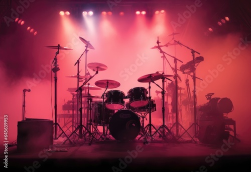 celebration, concert, party, stage, club, event, night, festival, nightclub, show. in night club at stage has drum set is now stand it. above there light and smoke follow to music tools, for concert.