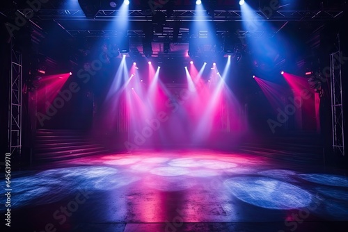 celebration, concert, party, stage, club, event, night, festival, nightclub, show. in night club at stage has floor set now for concert festival. above there light and smoke follow to party attendees.