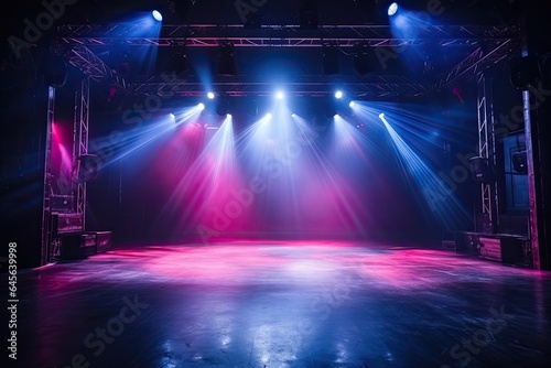 celebration, concert, party, stage, club, event, night, festival, nightclub, show. in night club at stage has floor set now for concert festival. above there light and smoke follow to party attendees.