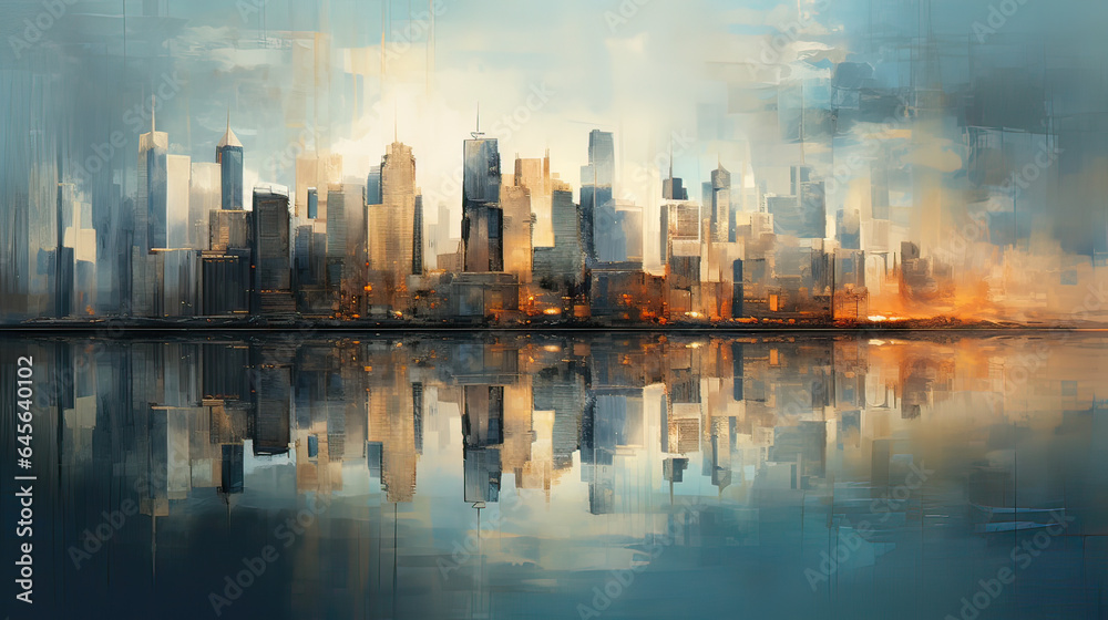 A cityscape reflecting on a tranquil water surface. AI generative