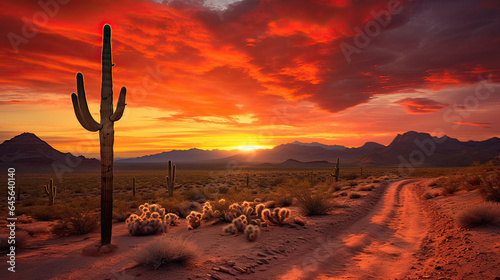 A desert scene with a lone cactus under a radiant sunset. AI generative 