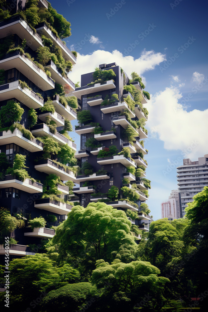 Generative AI illustration of modern sustainable and ecological building with vertical garden