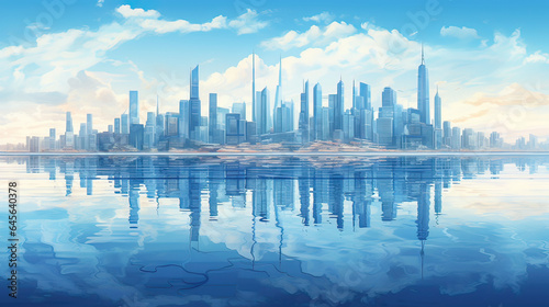 A cityscape reflecting on a tranquil water surface. AI generative © SK