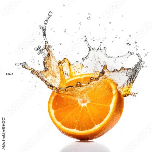 Orange slice falling in water splash on white background