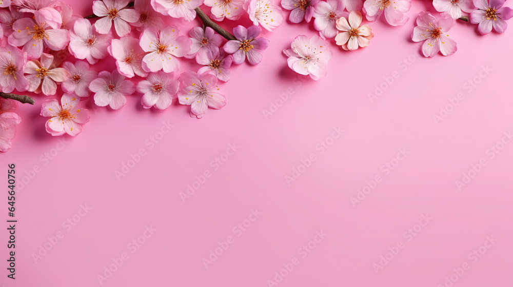 Many Small Beautiful Pink Flower Blossoms on Pink Pastel Background with Copy Space